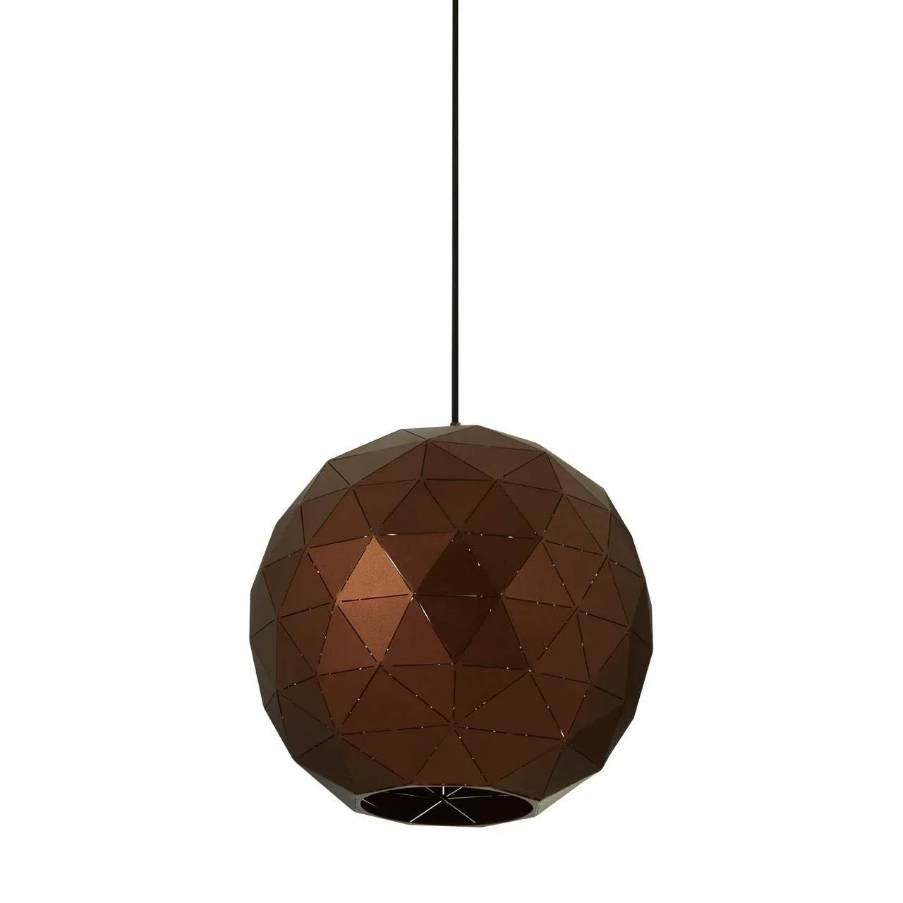 Geometric brown pendant light with faceted metal shade hanging from black cord