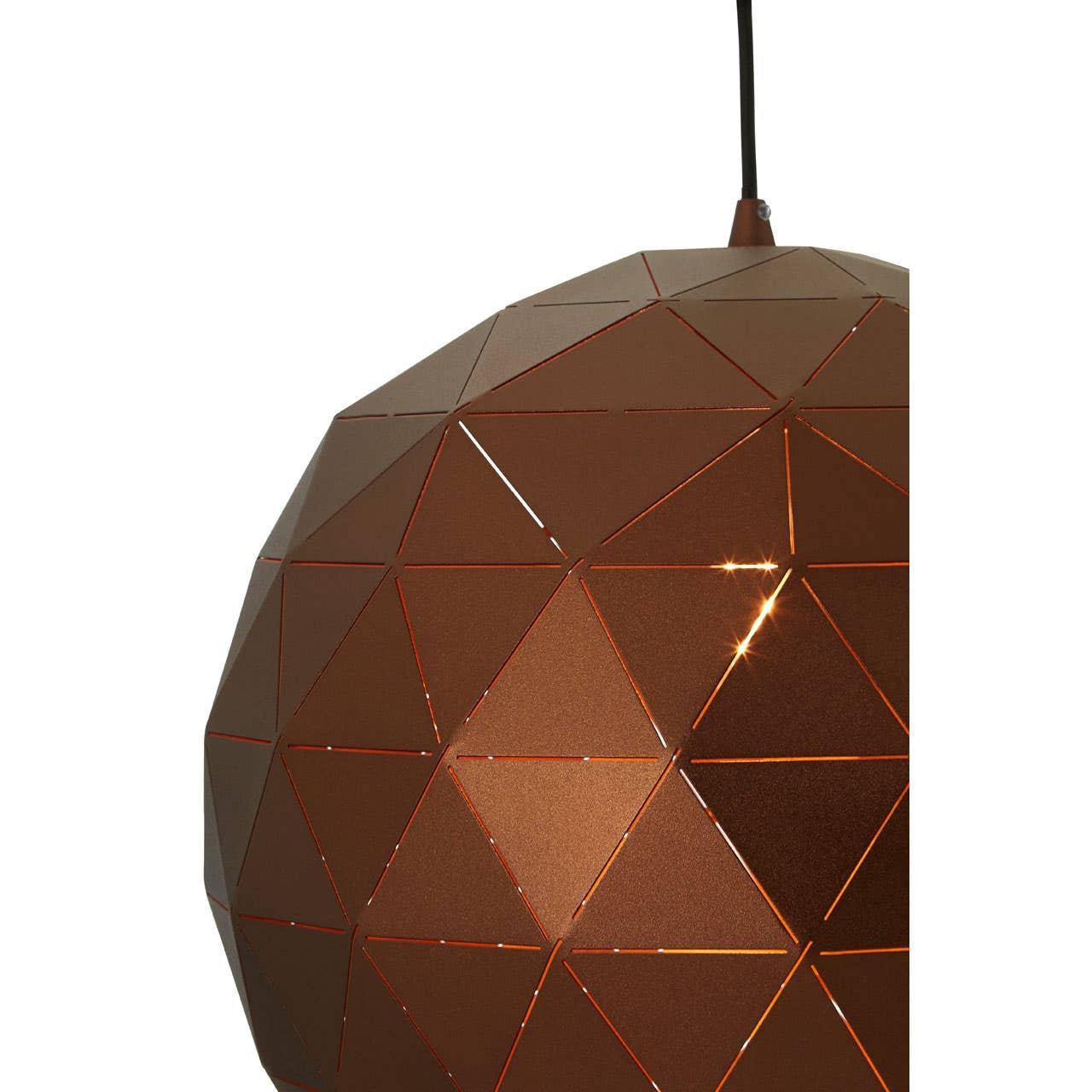 Copper metal pendant light with geometric cutout pattern, close up detail view
