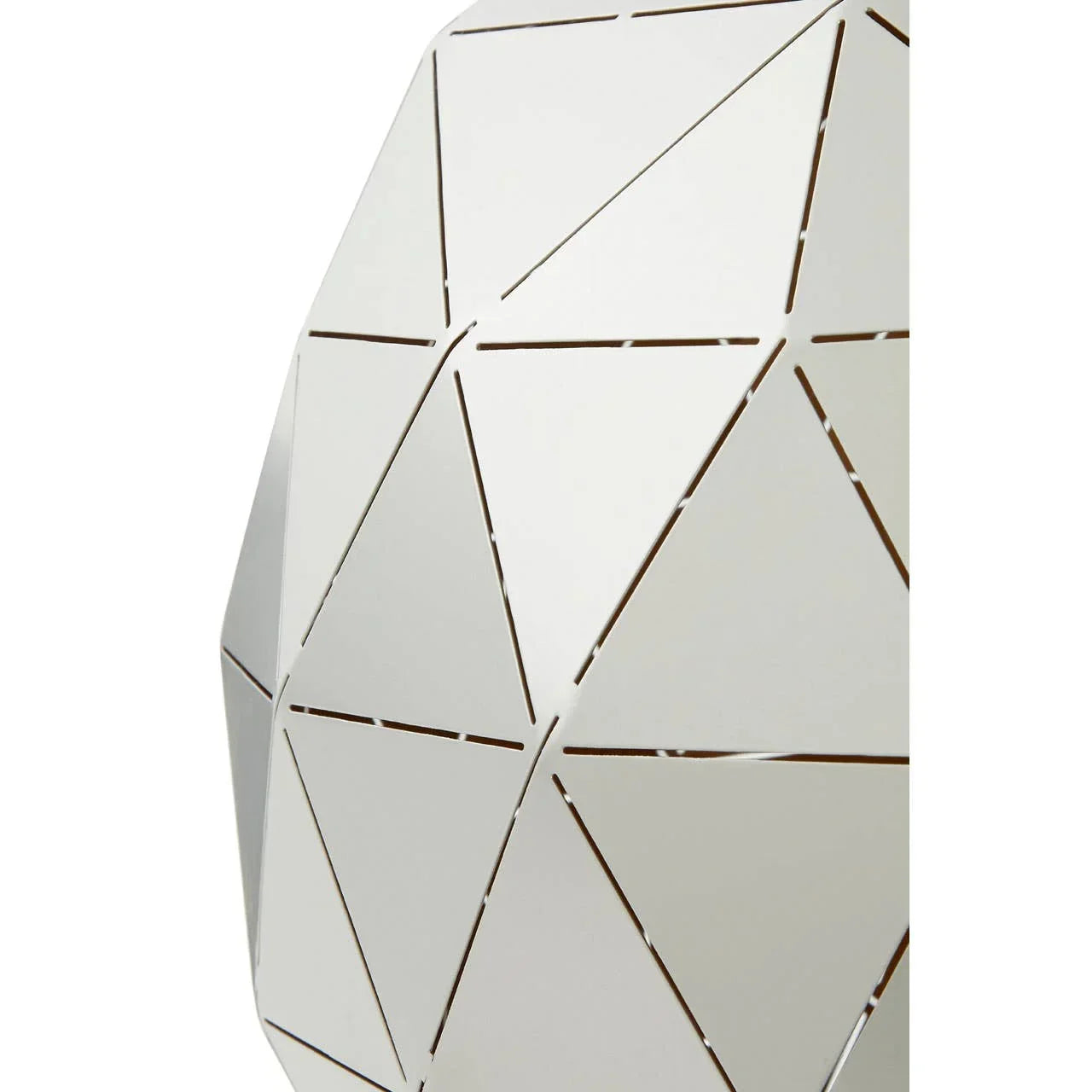 White geometric metal lampshade with triangular cutout pattern close-up