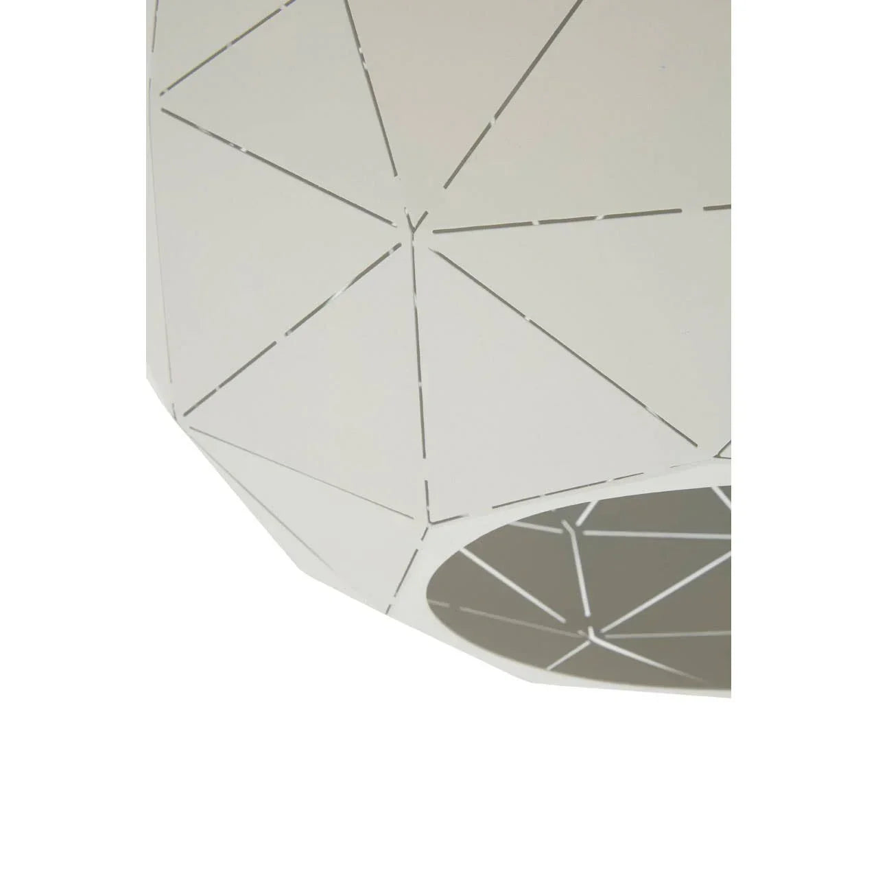 White geometric pendant light shade with cut-out pattern, close-up view