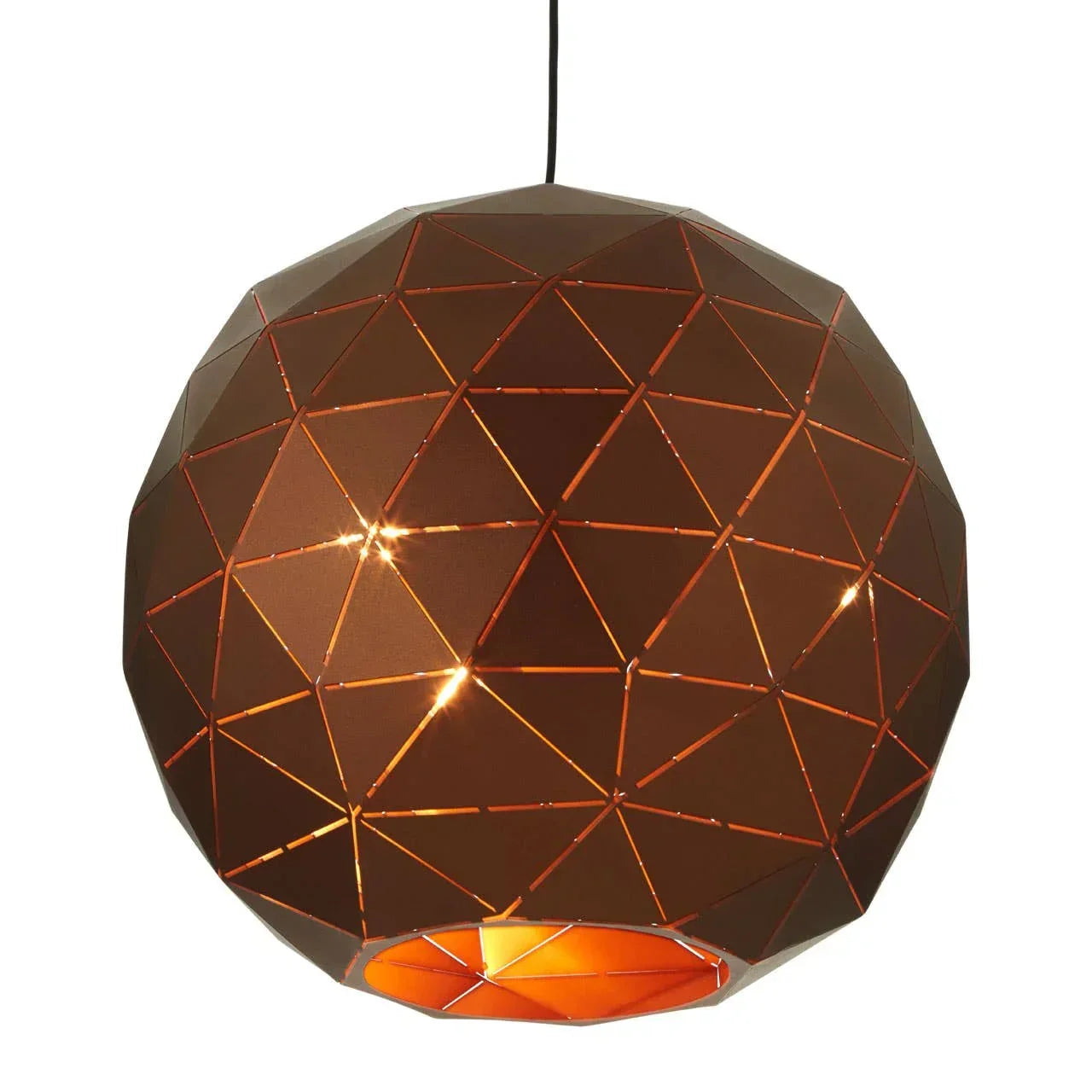 Geometric copper pendant light with cut-out triangle pattern and warm glow