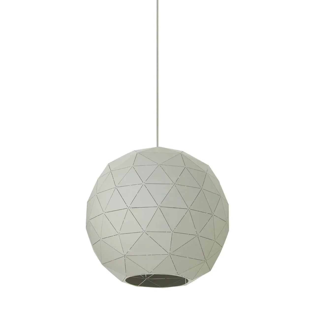 Geometric pendant light shade in matte white with faceted pattern, shown hanging against white background