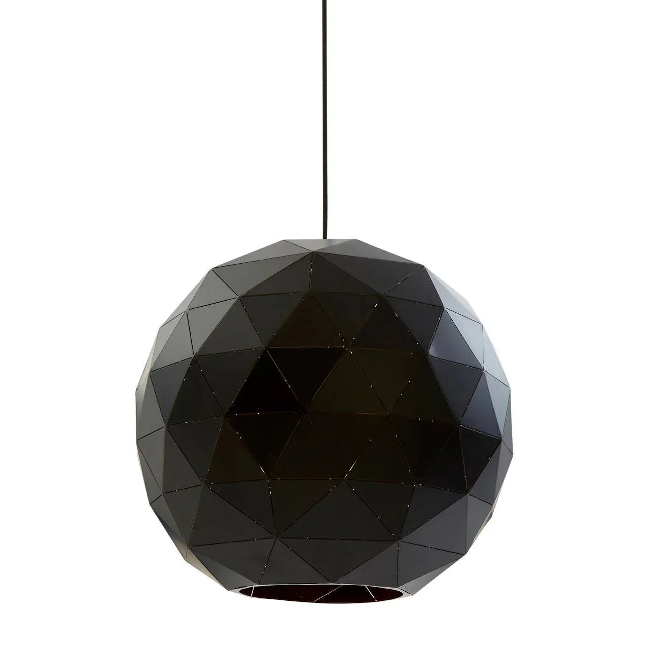 Black geometric pendant light with faceted shade and central ceiling suspension