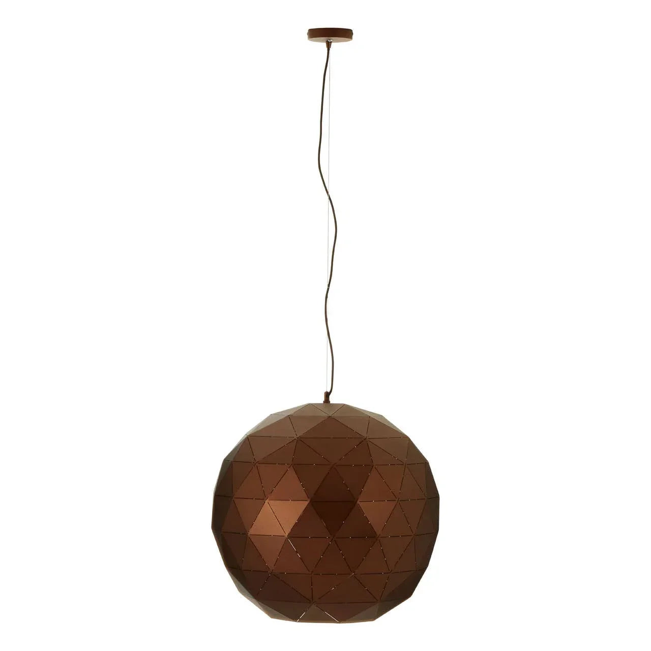Geometric copper pendant light with faceted sphere shade and ceiling mount