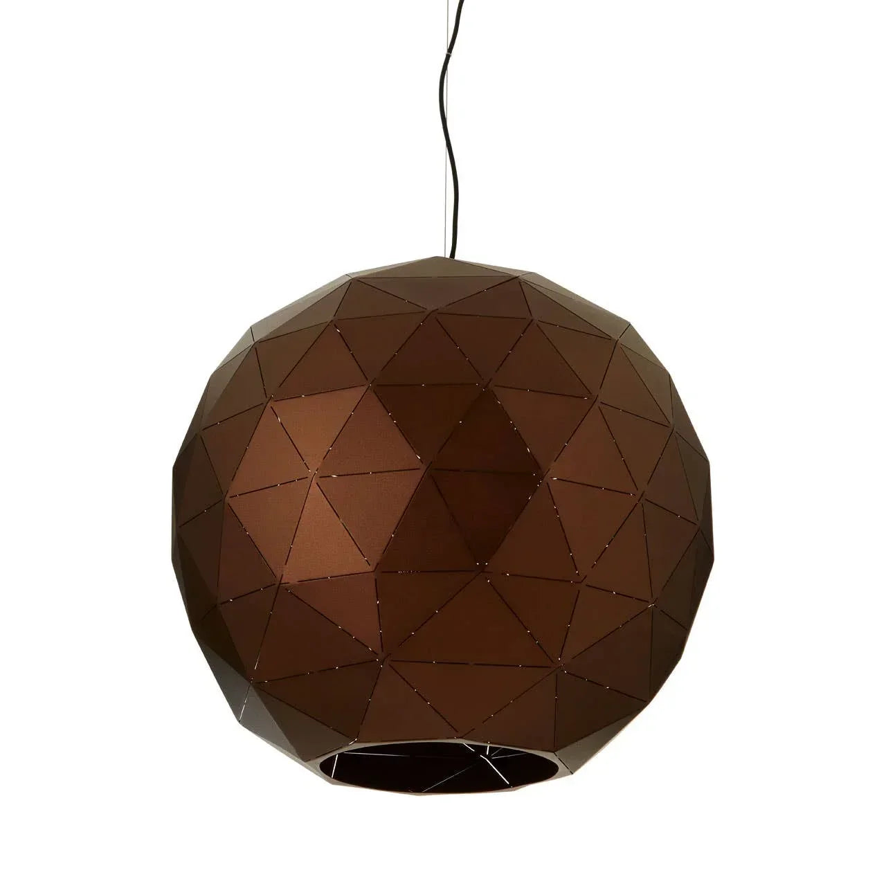Geometric brown pendant light with polygonal metal shade and black cord, front view