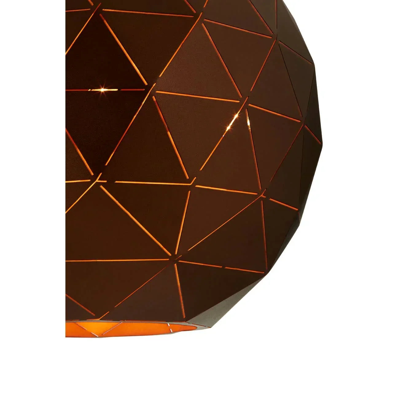Geometric pendant light shade with copper triangles and warm internal glow
