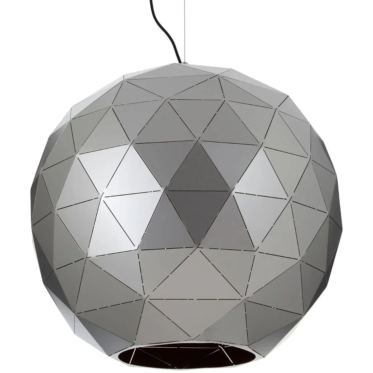 Modern silver geometric pendant light with triangular metal panels and black cord