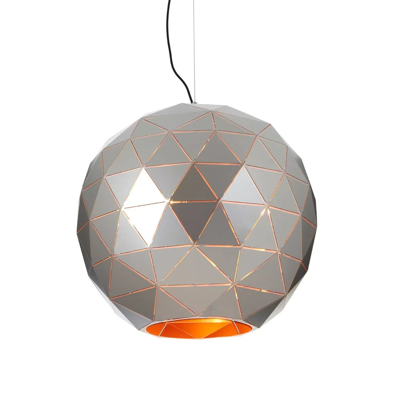 Geometric pendant light with metallic finish and orange interior, suspended by black cord