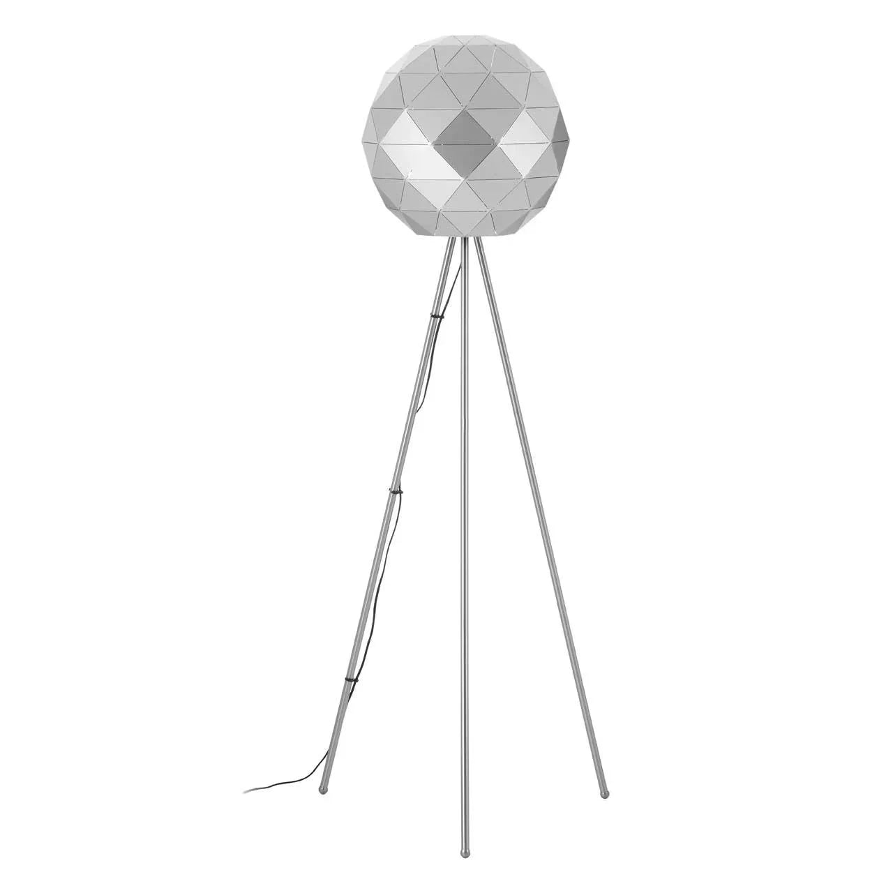 Modern tripod floor lamp with geometric faceted white shade and metal legs