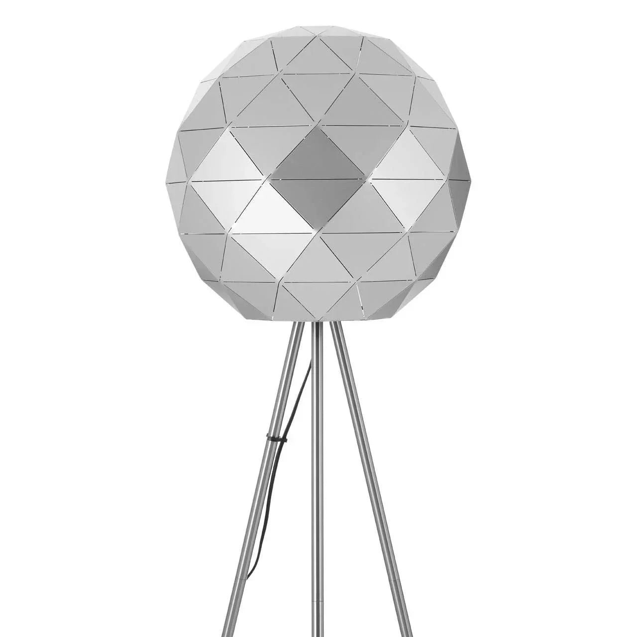 Geometric mirrored floor lamp with tripod base and silver polygonal shade