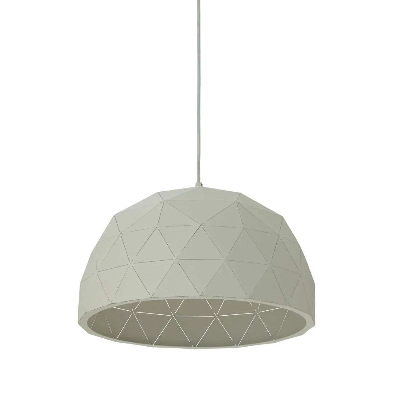 Geometric white pendant light shade with triangular cut-out pattern, hanging from ceiling
