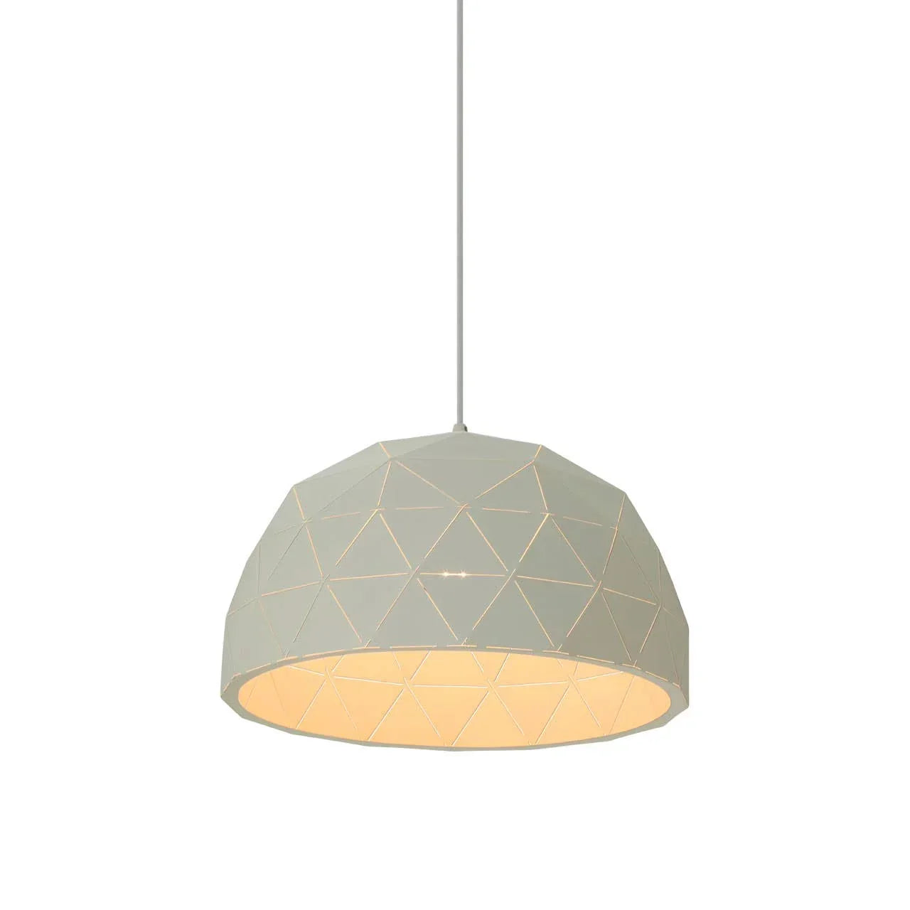 Modern pendant light with geometric white shade and warm glow, suspended by a slim cable