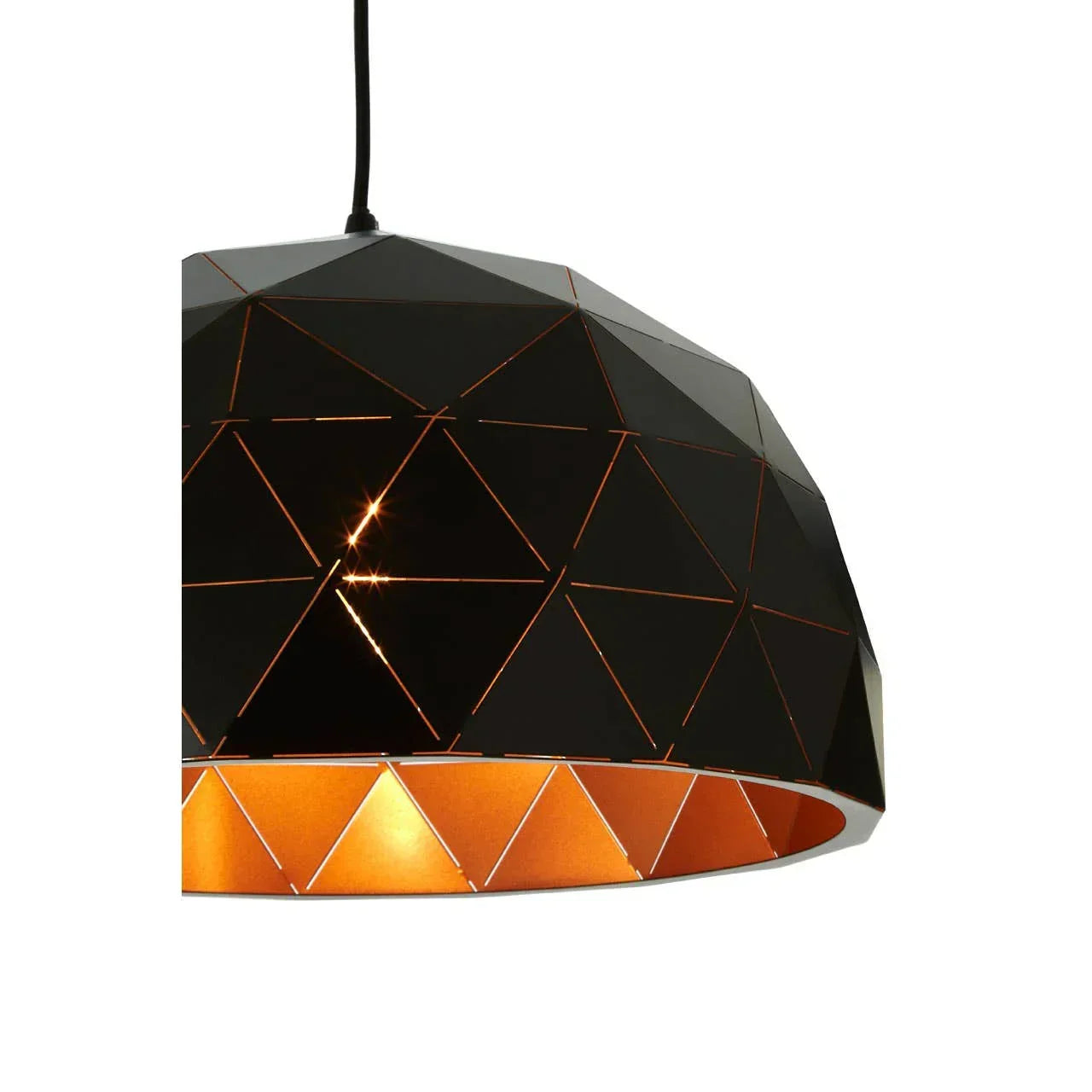 Geometric black metal pendant light with copper interior and cutout triangle pattern