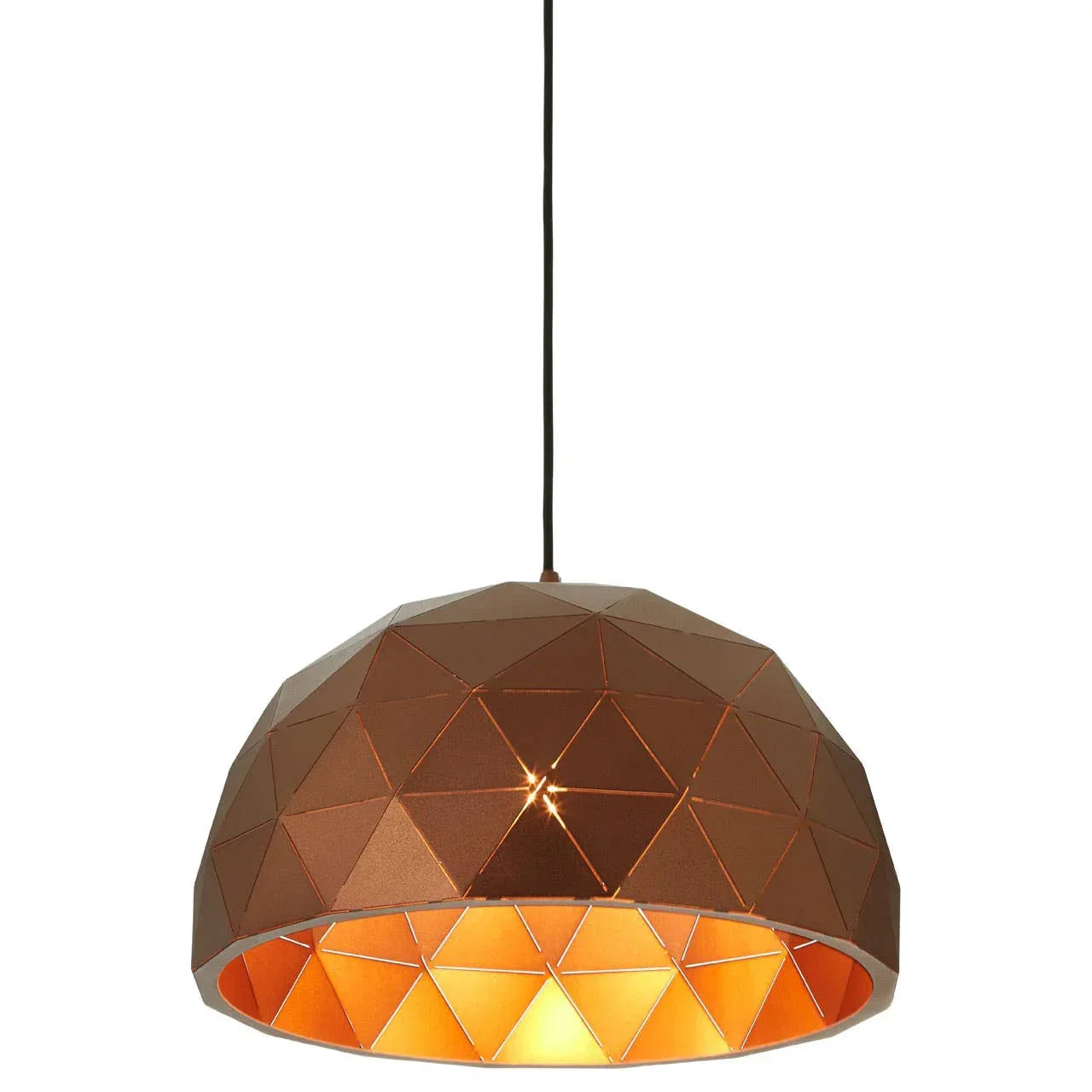 Geometric copper pendant light with faceted dome shade and warm inner glow