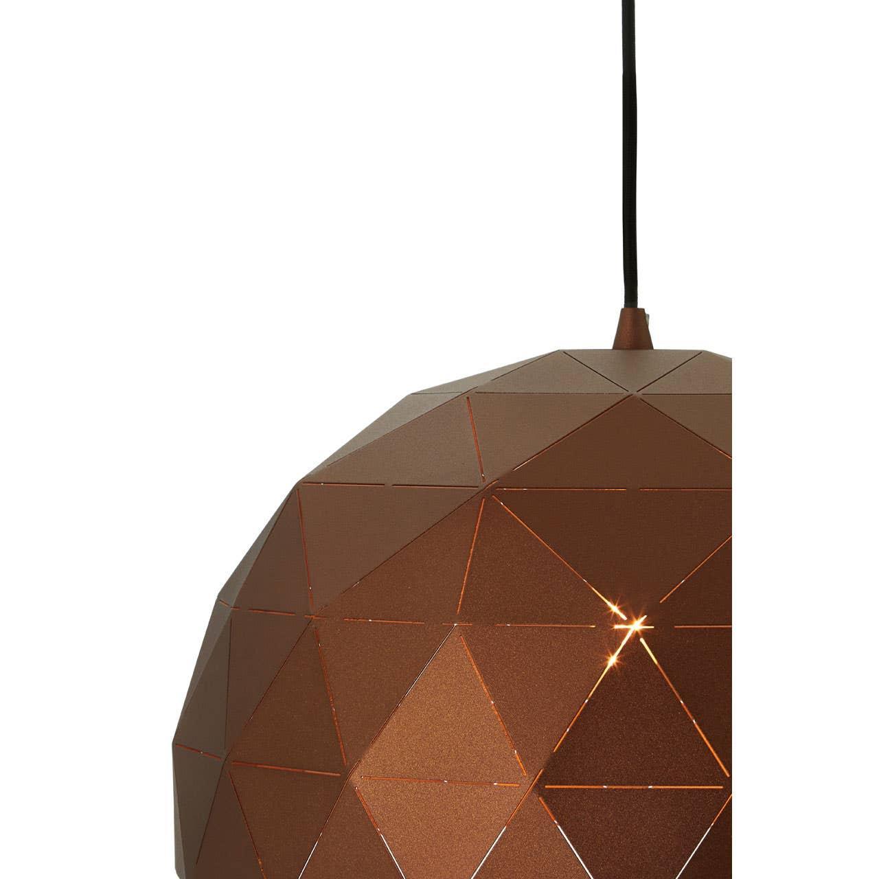 Copper geometric pendant light with cutout pattern and black hanging cord