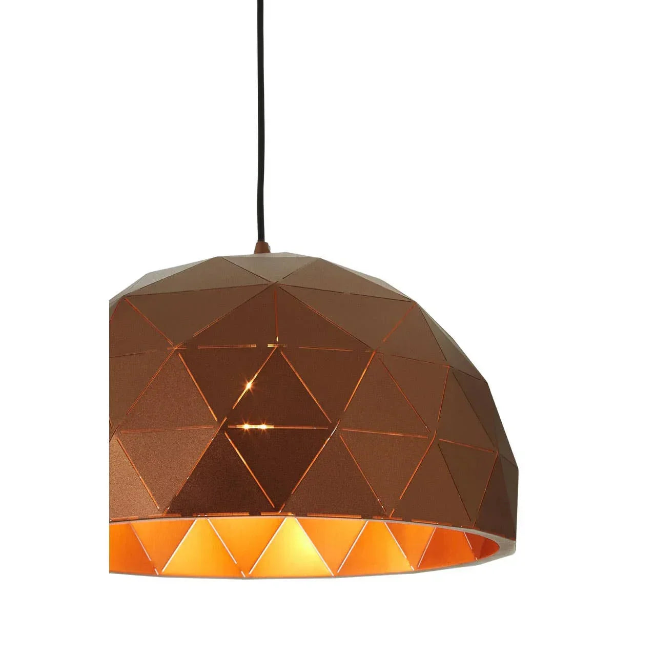 Copper geometric pendant light shade with faceted pattern and warm glow