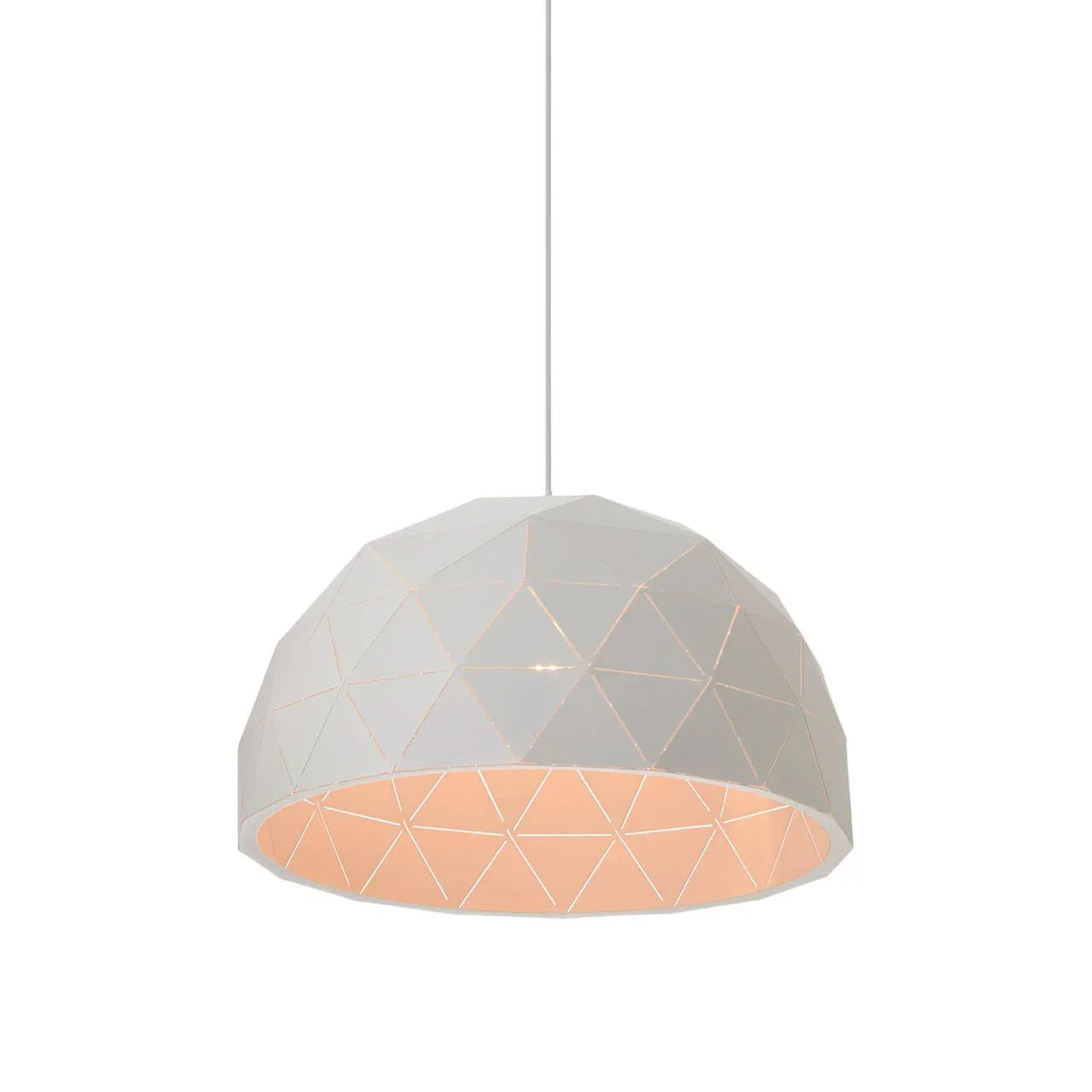 White geometric pendant light with pyramid pattern and soft interior glow