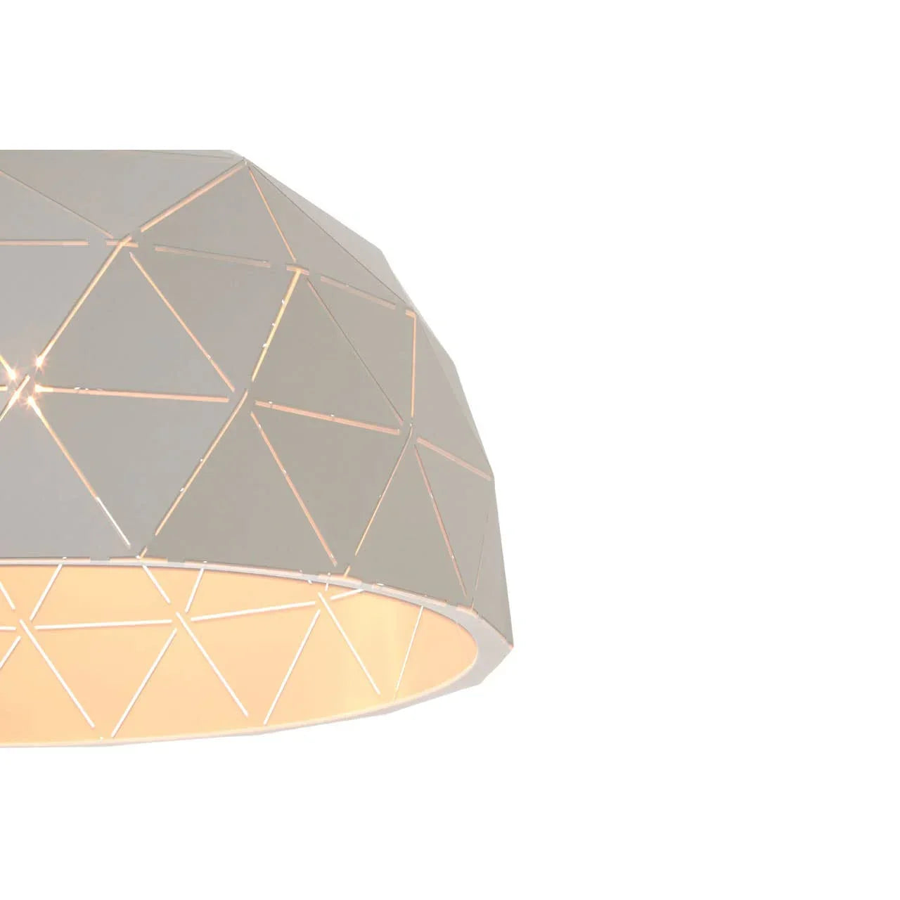 white geometric pendant light shade with cutout pattern, soft glow from beneath