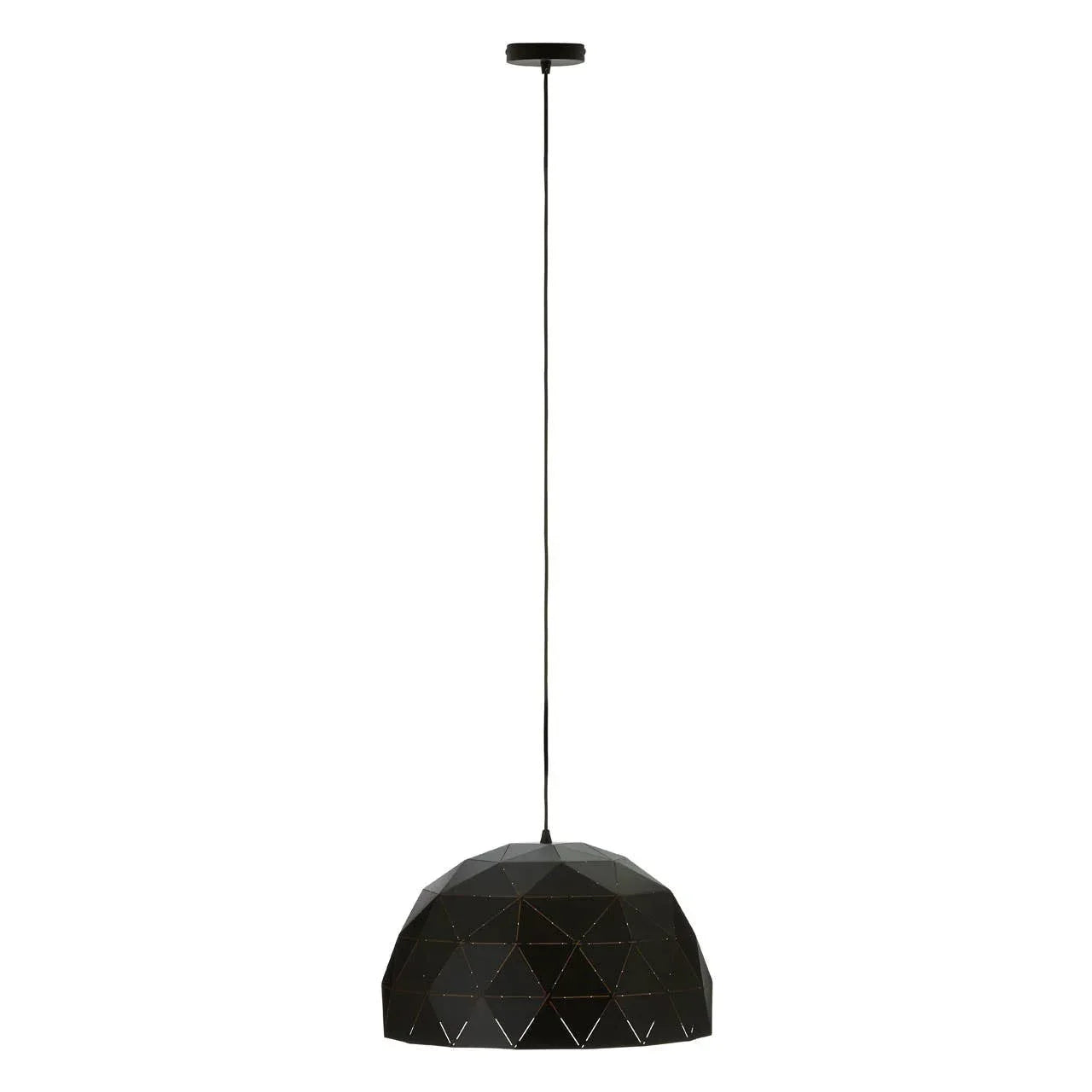 Black geometric pendant light with dome metal shade and intricate pattern on white background