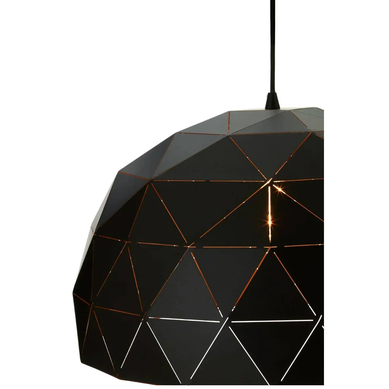 Black geometric pendant light with triangular cutouts and suspended cord