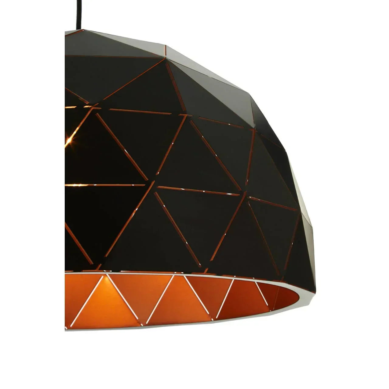 Black geometric pendant light with copper interior and faceted metal shade