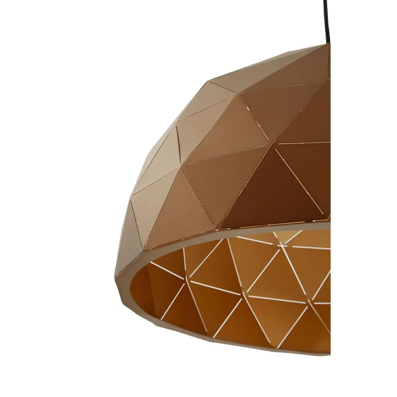 Geometric copper pendant light shade with cut-out pattern and matte finish, close-up view