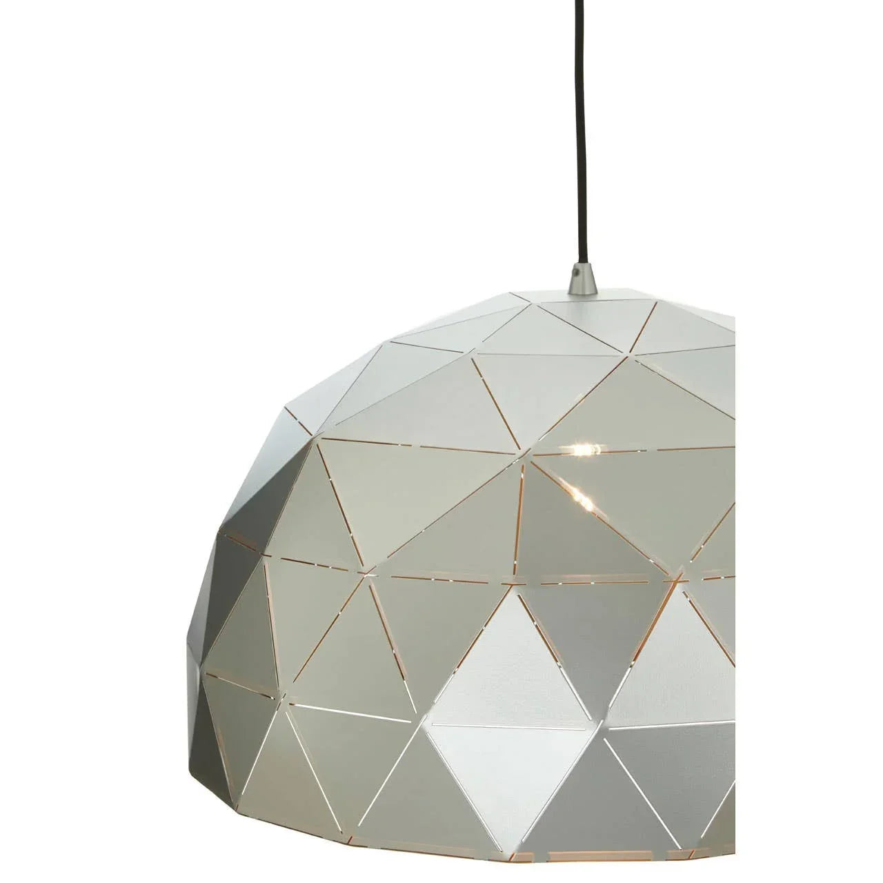 Geometric silver pendant light with triangular metal panels and visible black cord