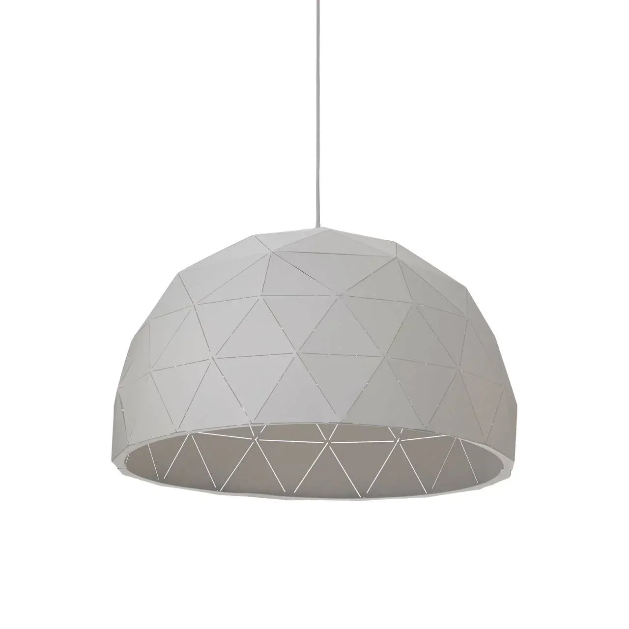 White geometric pendant light shade with triangular pattern, hanging against plain background
