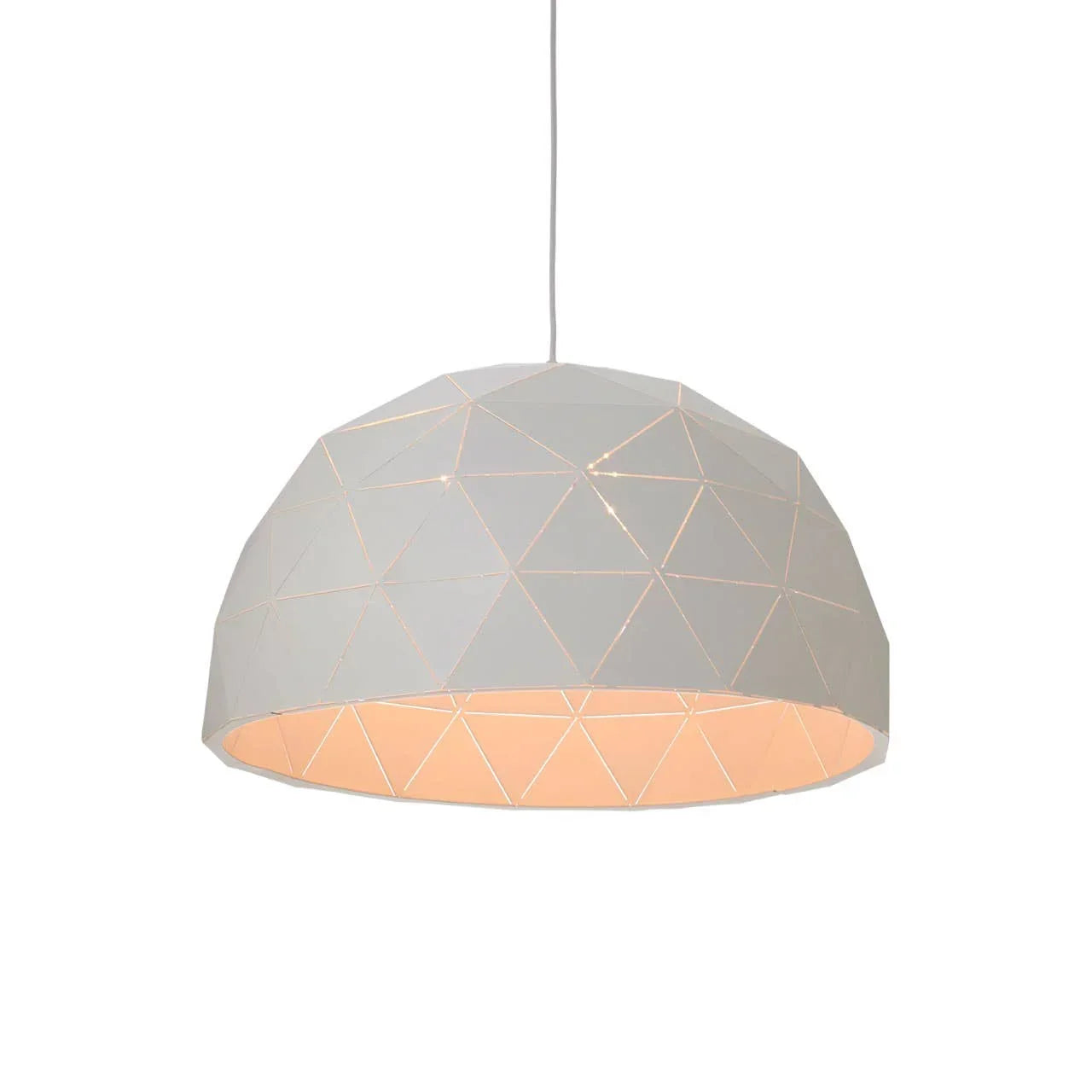 White geometric pendant light with dome shape and subtle triangular pattern