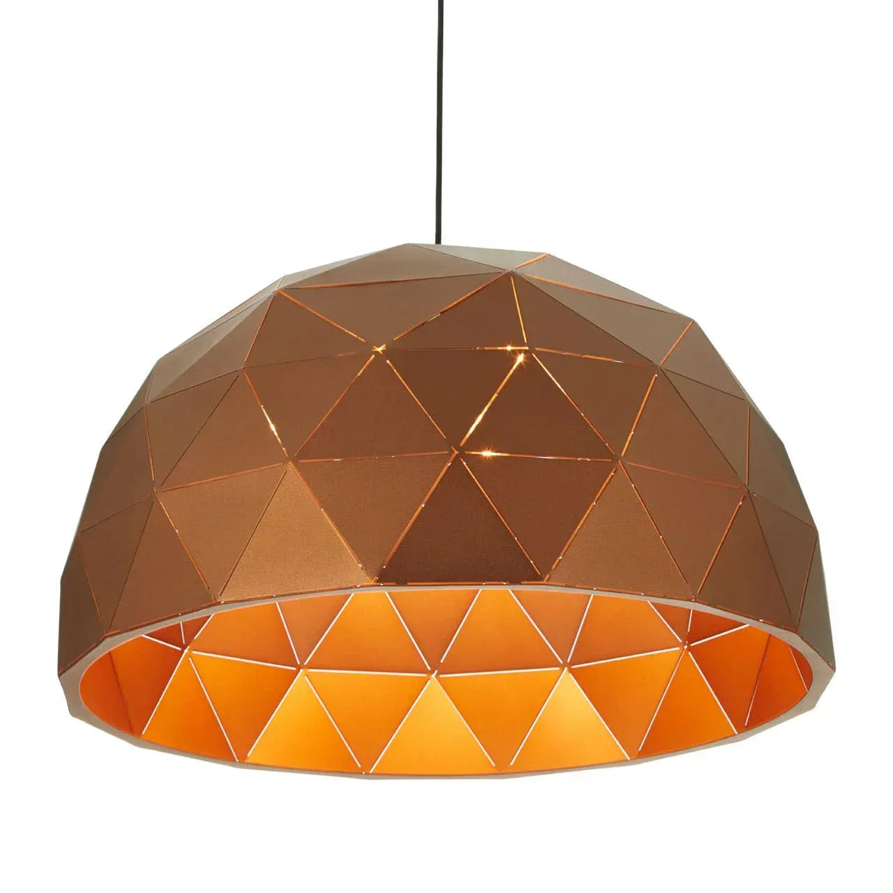 Geometric copper pendant light shade with matte finish and triangular pattern