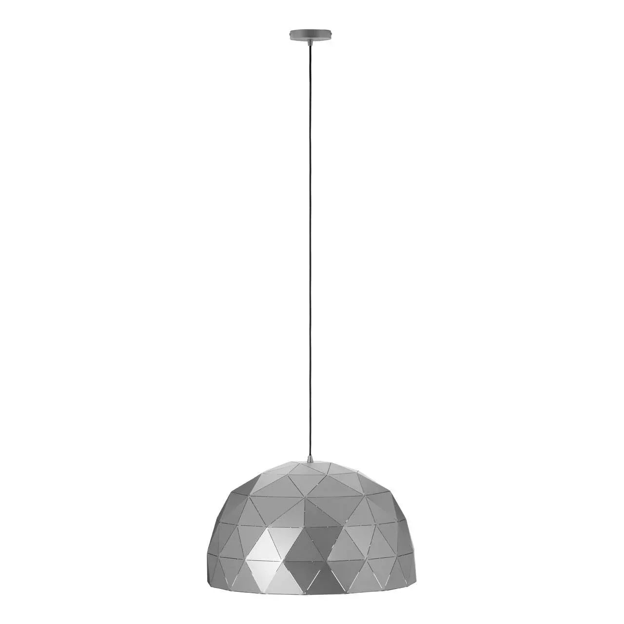 Silver geometric pendant light with dome shade and faceted metal pattern hanging from ceiling