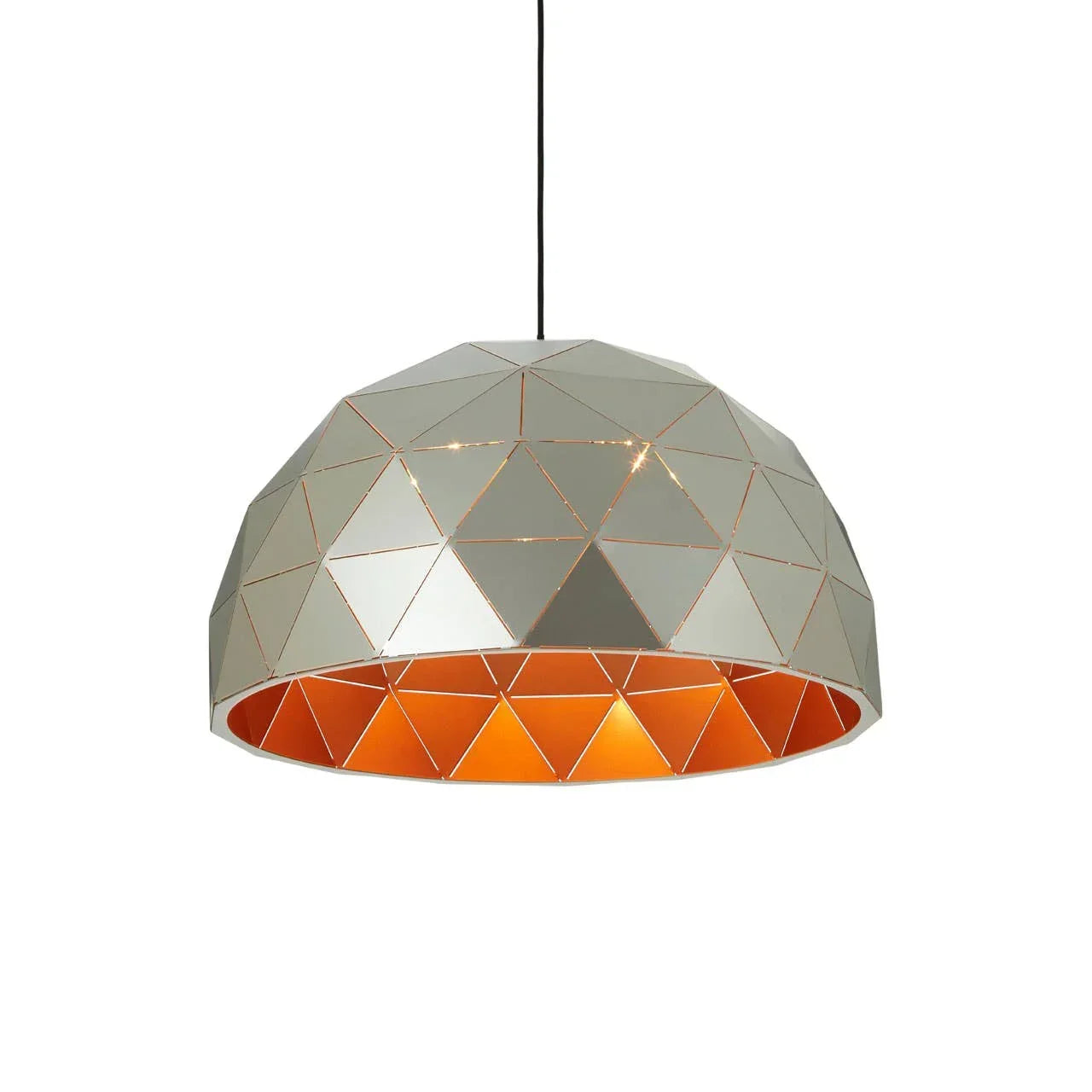 Geometric pendant light shade with silver exterior and orange interior, suspended by black cord