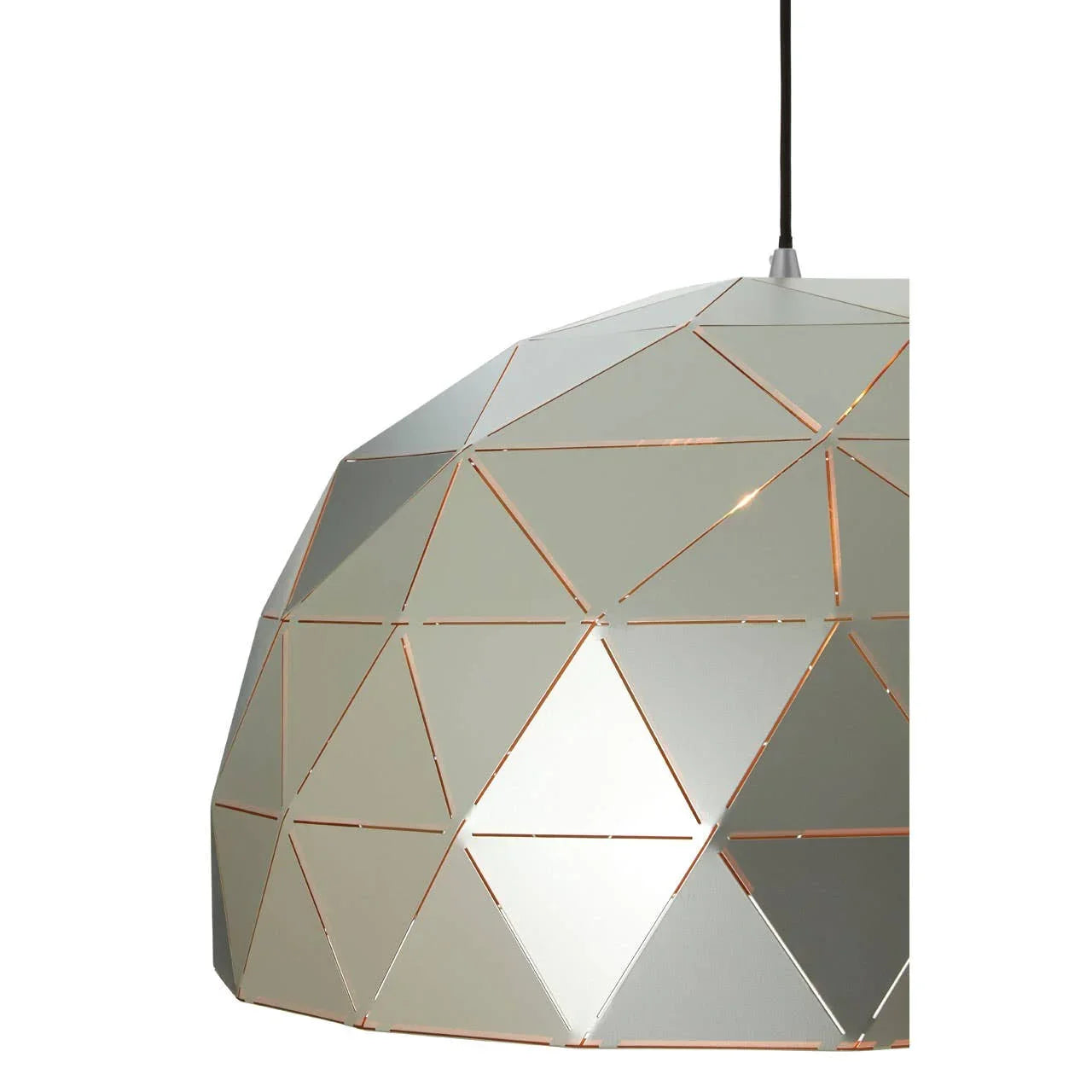 Geometric metal pendant light shade with triangular cutout pattern, close-up side view