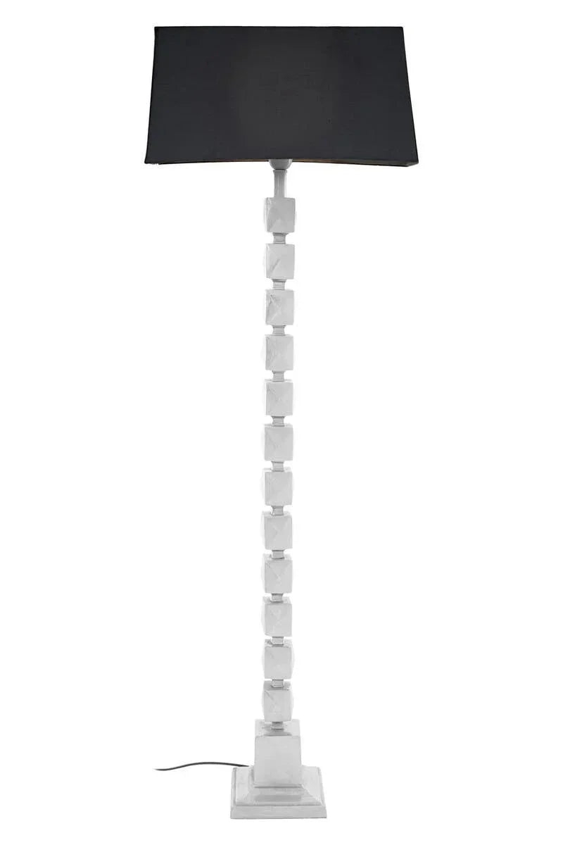 Modern floor lamp with white geometric base and black rectangular lampshade front view