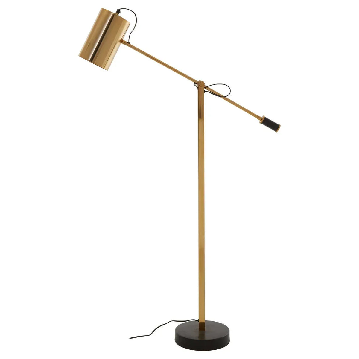 Gold metal floor lamp with adjustable arm and round black base