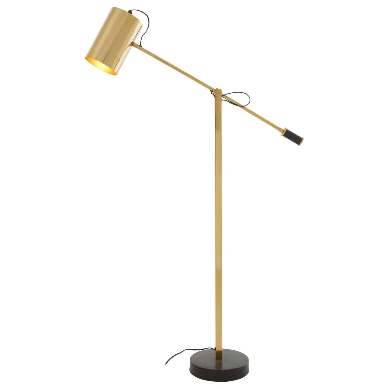 Gold adjustable floor lamp with cylindrical shade and black circular base