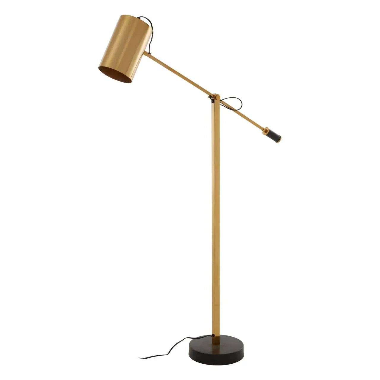 Gold metal floor lamp with adjustable arm and cylindrical shade on black round base