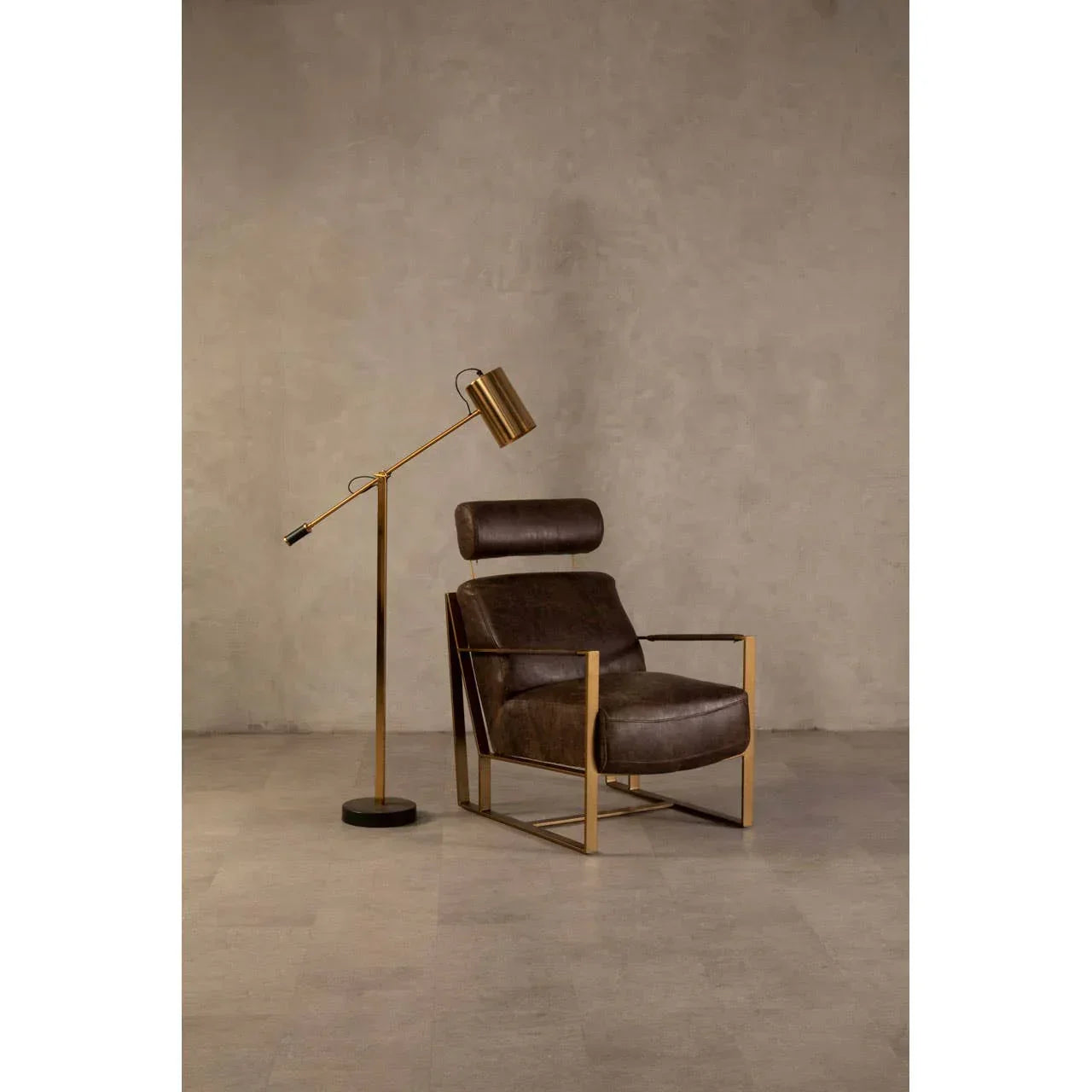 Brown leather armchair with gold metal frame and headrest beside brass floor lamp