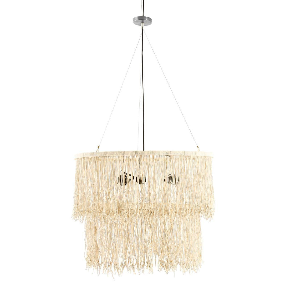 Cream fringed pendant ceiling light with tiered tassel shade, full view