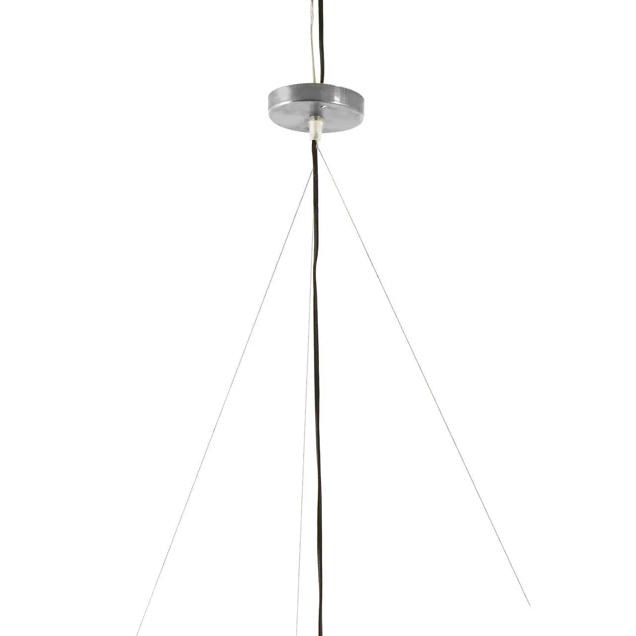 Ceiling pendant light fixture with chrome canopy and suspended black electrical cord