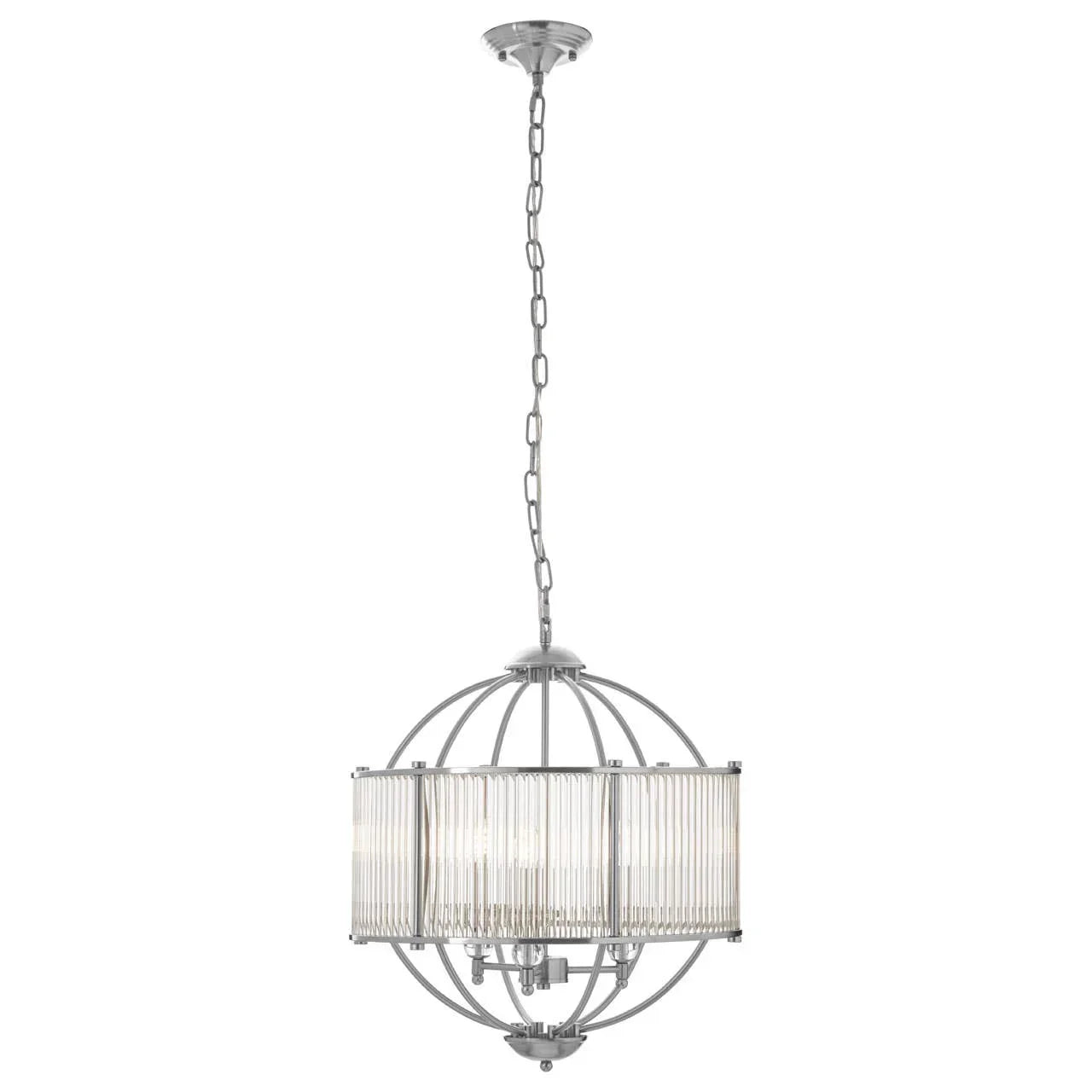 Modern chrome pendant ceiling light with glass rod shade and spherical metal frame