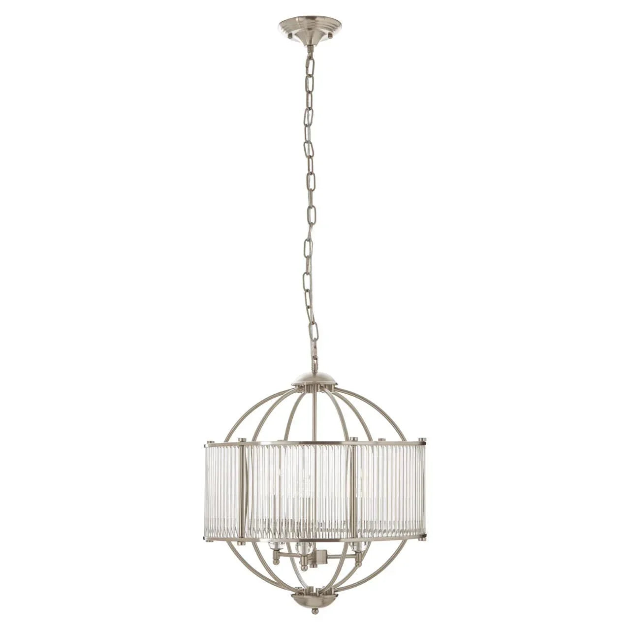 Spherical chrome chandelier with vertical glass rods and chain suspension