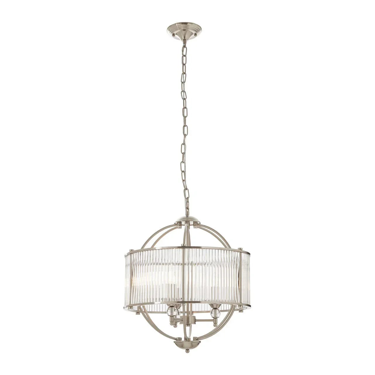 Modern pendant light with brushed nickel frame and clear glass shade on chain