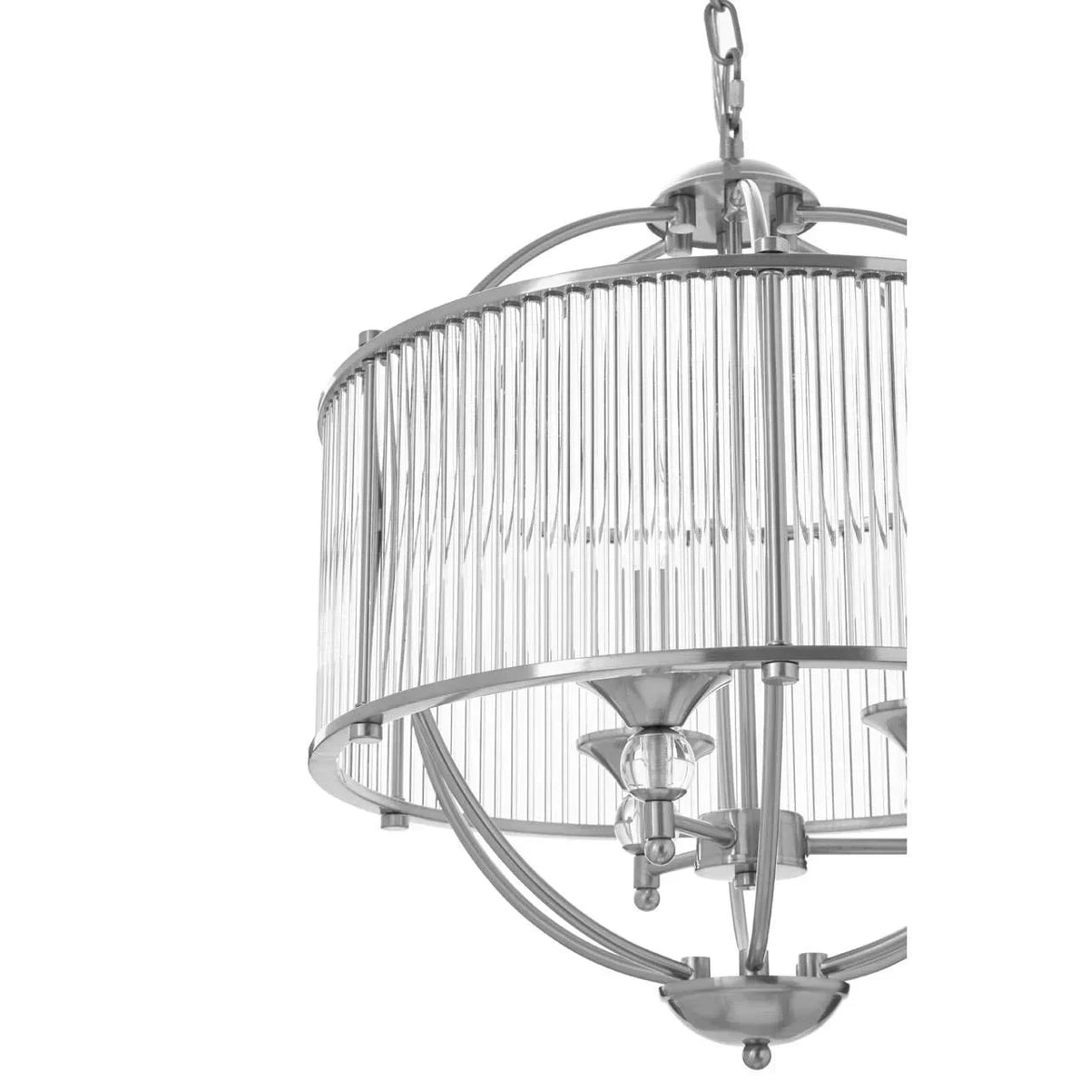 Chrome chandelier with clear glass rods and exposed bulbs, close-up view