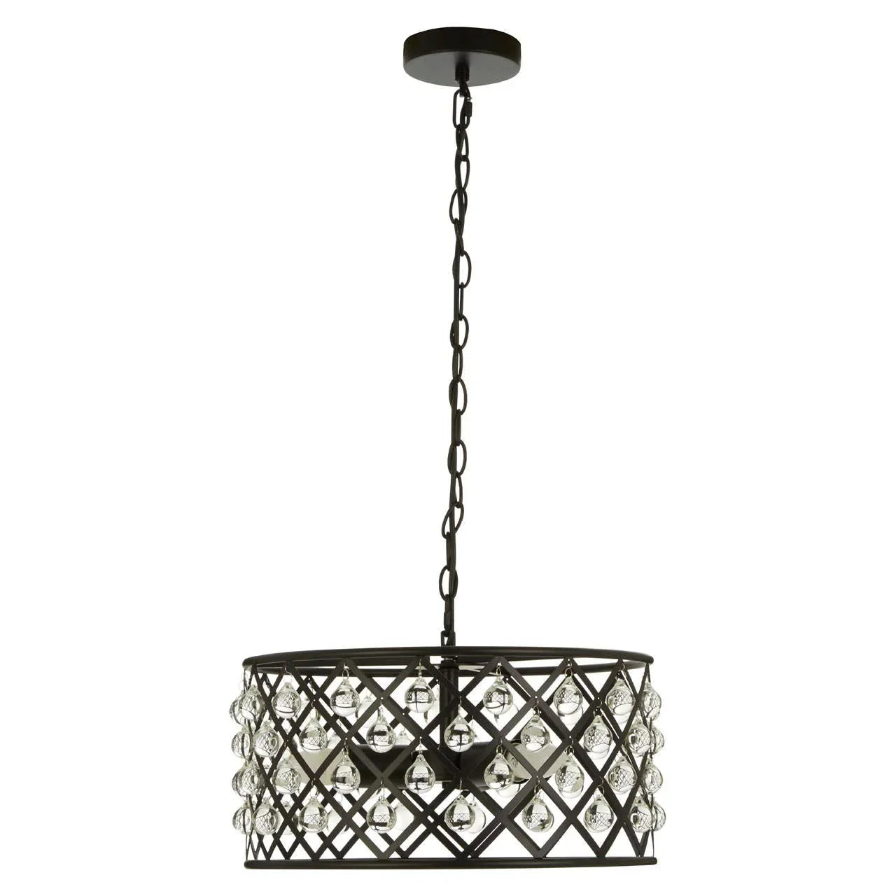 Round black metal pendant light with lattice drum shade and hanging glass droplets
