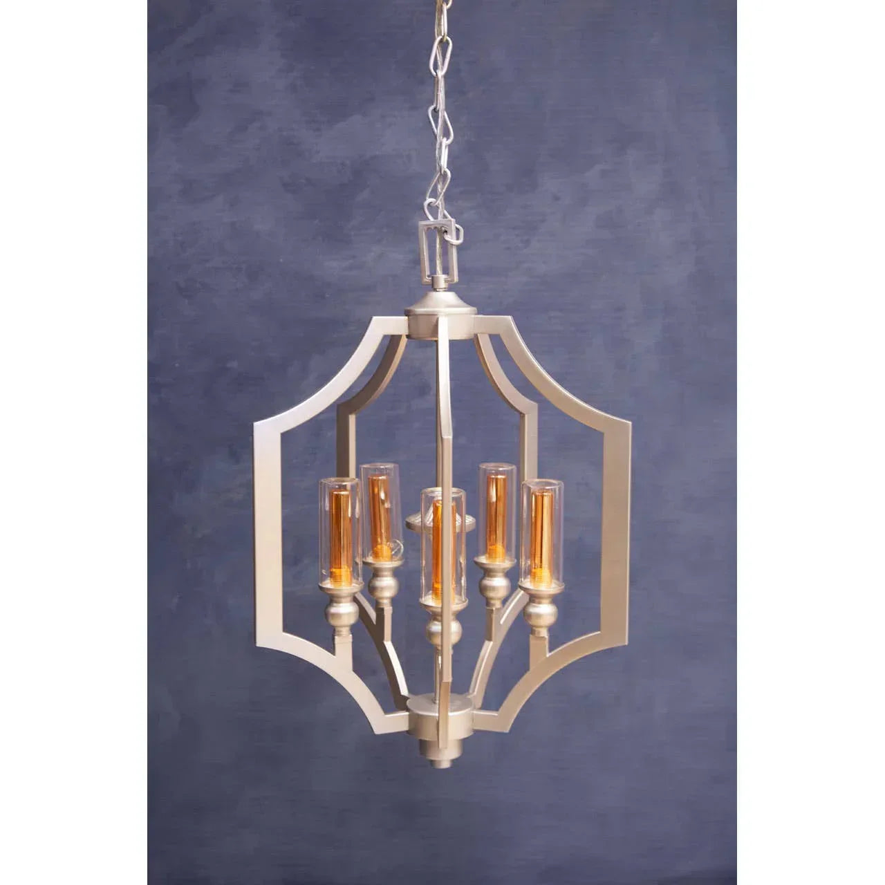 Modern pendant light fixture with geometric metal frame and exposed bulbs