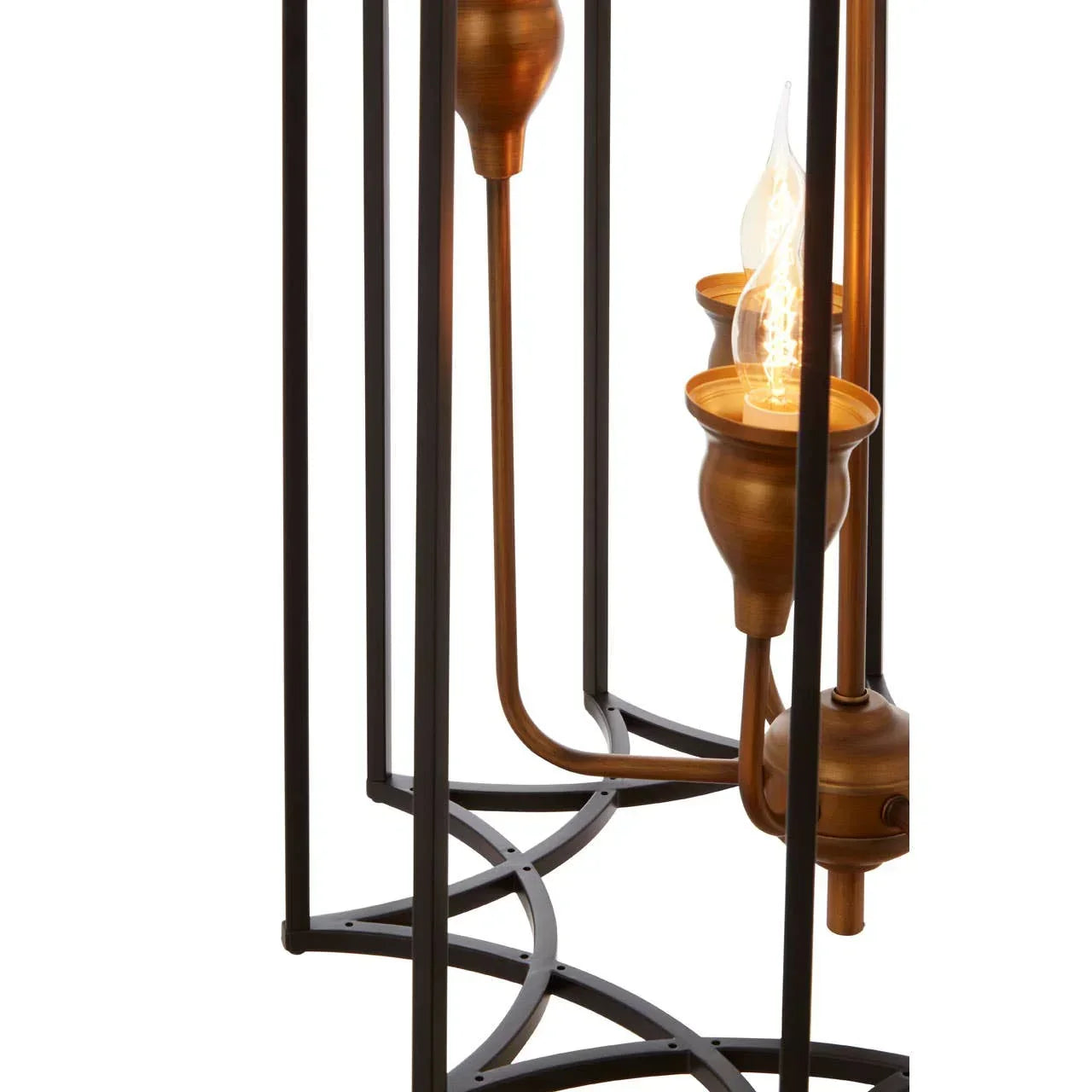 Close-up of bronze pendant light fixture with exposed flame-style bulbs and metal frame