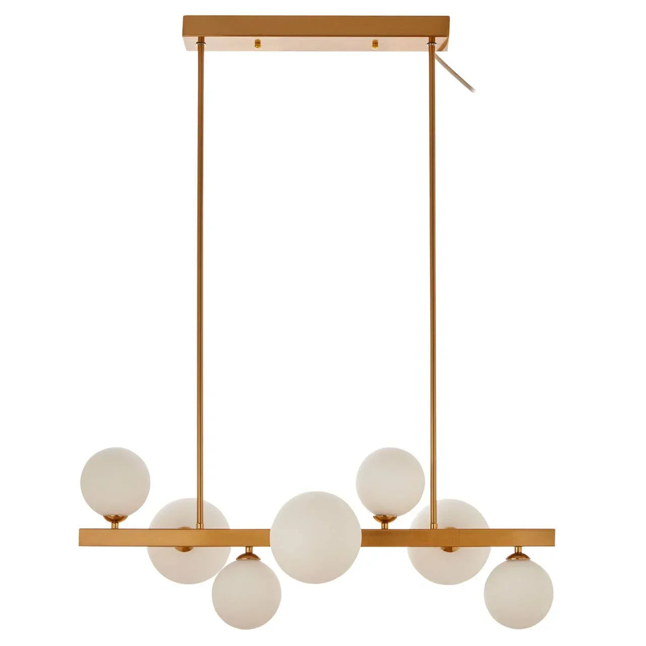 Gold frame chandelier with eight frosted globe lights in a modern linear design