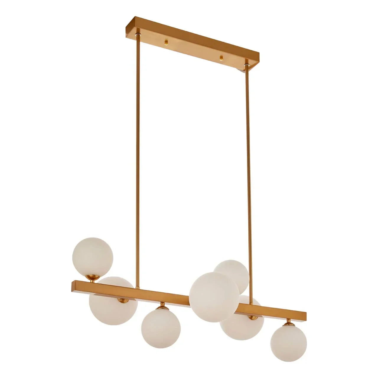 Gold modern pendant light with seven white glass globe shades suspended from ceiling mount
