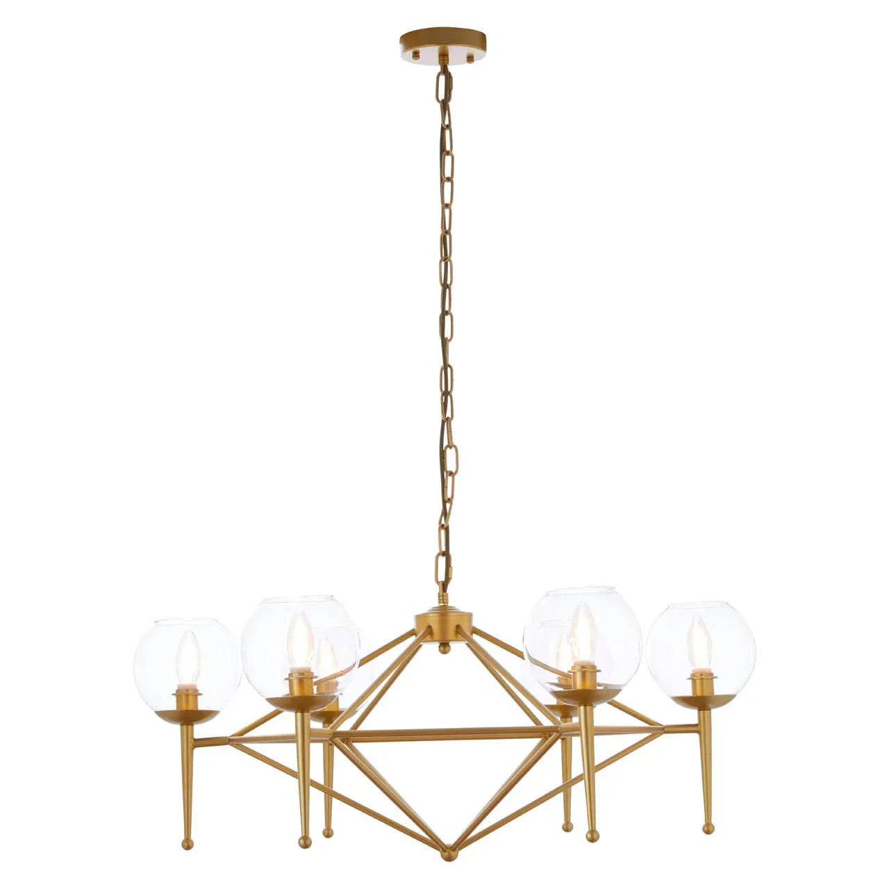 Gold chandelier with five glass globe shades and chain suspension